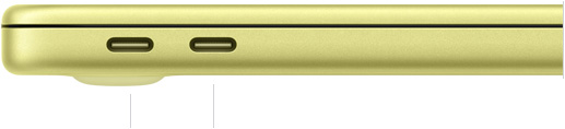MacBook Neo 13 pouces avec A18 Pro, fermé, côté gauche, montrant le port USB 3 (USB-C) et le port USB 2 (USB-C)