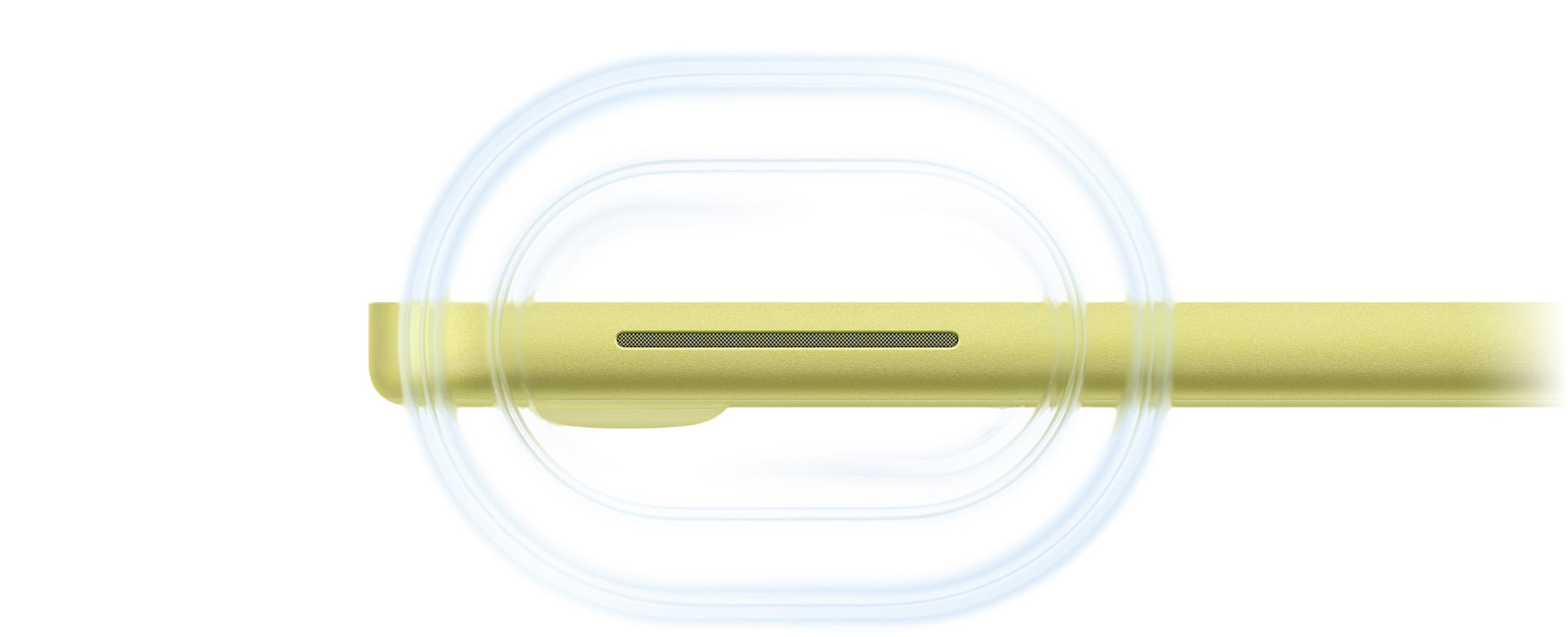 MacBook Neo, citrus colour, open, sound waves rippling from speaker on right side of computer towards front