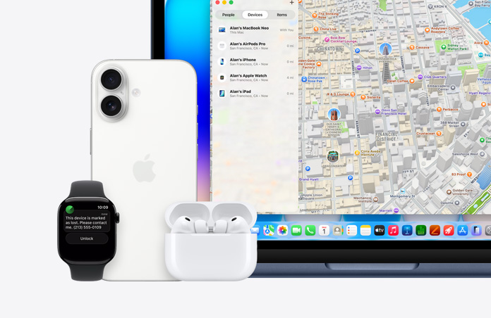 Apple Watch, text onscreen reads “This device is marked as lost, please contact me” with phone number, next to iPhone, AirPods Pro and MacBook Neo, indigo colour, screen shows Find My app with map and list of devices with their locations