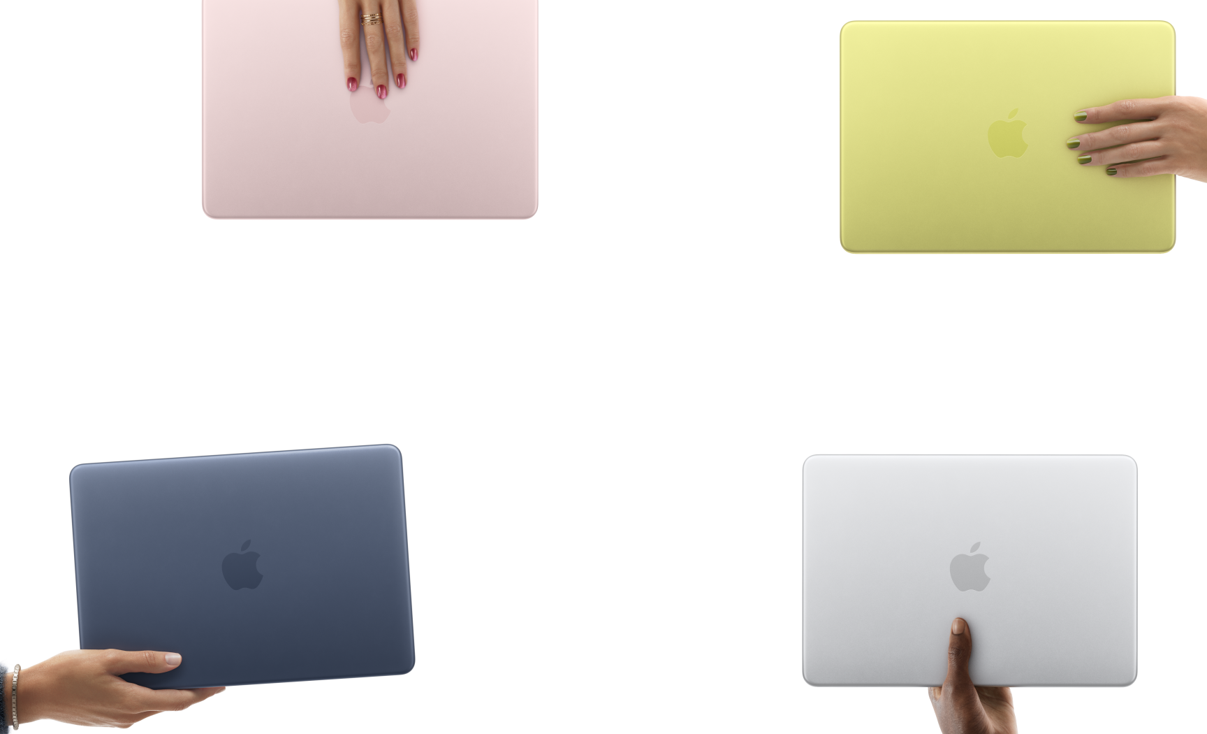 MacBook Neo laptops in various colors, each held in a different person's hand