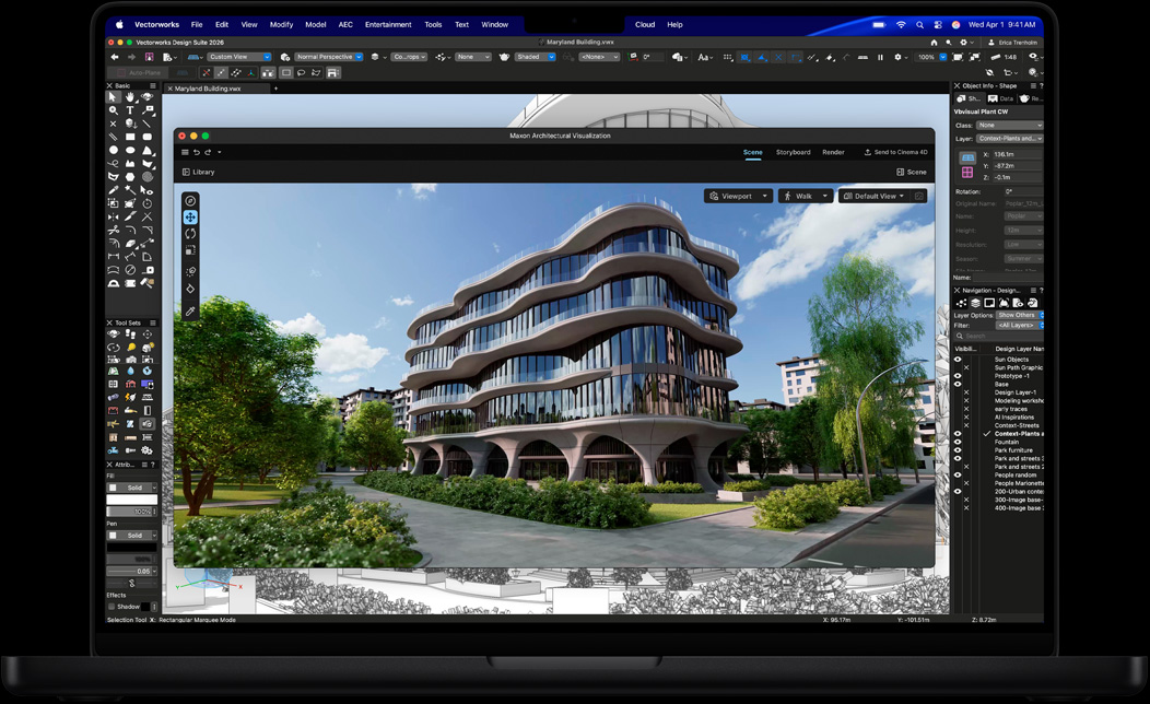 Pantalla de un MacBook Pro que muestra Vectorworks Design Suite con Maxon Redshift