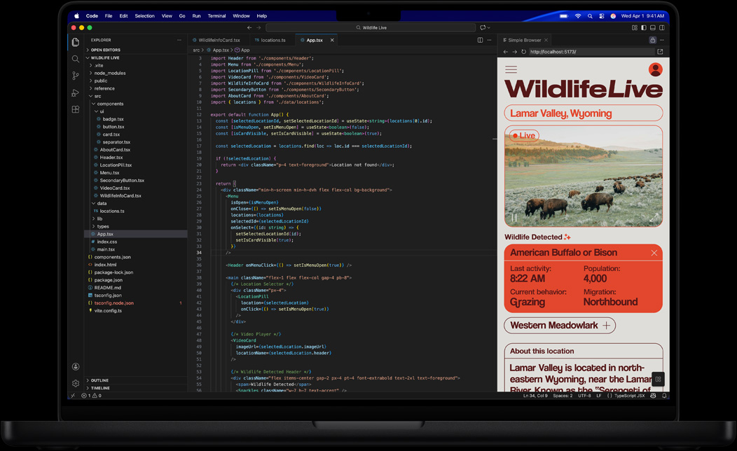 Pantalla de un MacBook Pro que muestra a una persona programando una app con Visual Studio Code