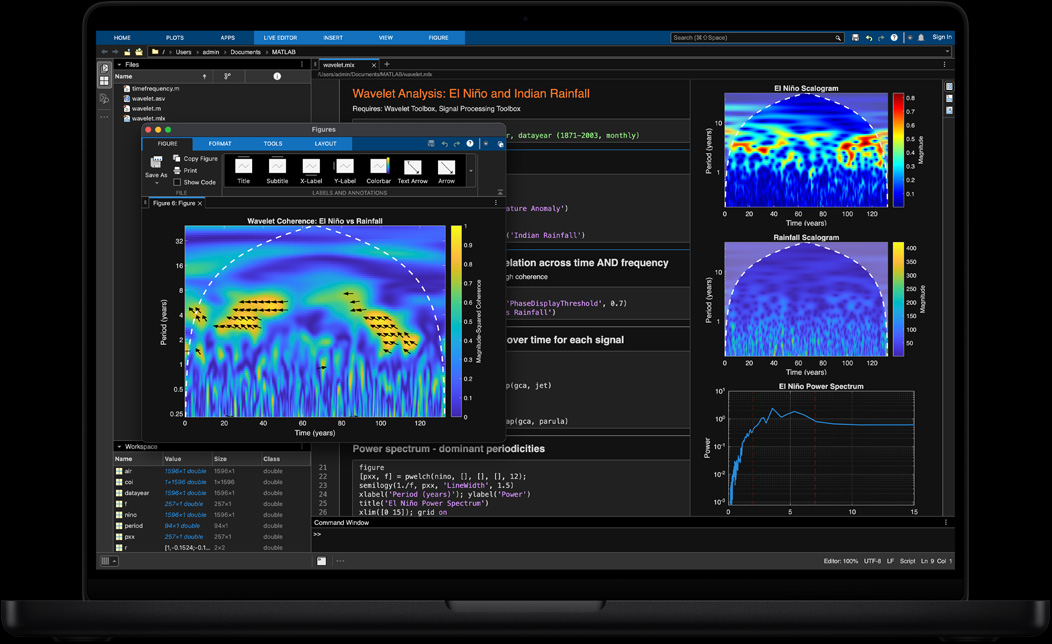 Pantalla de un MacBook Pro en la que se está usando MATLAB para procesar y visualizar datos geoespaciales