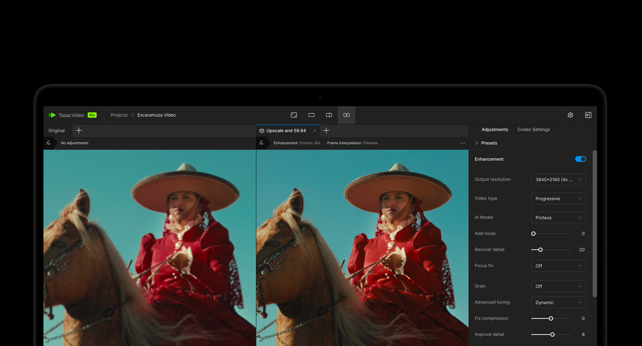 Pantalla de un MacBook Pro que muestra un video siendo mejorado con IA en Topaz Video