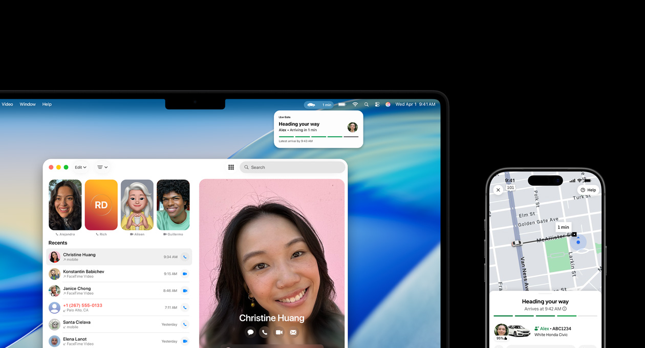 Un MacBook Pro y un iPhone lado a lado, la pantalla del MacBook Pro muestra la app Teléfono y Actividades en Vivo de la app Uber, el iPhone muestra la app Uber