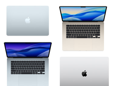다양한 모델, 크기, 색상의 Mac 컴퓨터 네 대가 다양한 맞춤 구성 옵션을 보여주는 모습