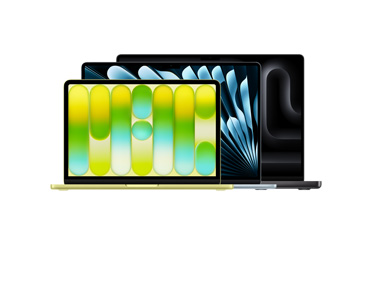 Tres dispositivos MacBook: MacBook Neo de 13 pulgadas, abierto, color amarillo cítrico, pantalla Liquid Retina, patas redondeadas en relieve, MacBook Air de 15 pulgadas, abierto, color azul cielo, patas redondeadas en relieve, MacBook Pro de 16 pulgadas, abierto, color negro espacial, patas redondeadas en relieve