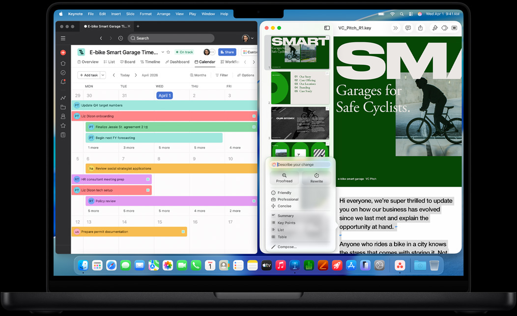 Pantalla de un MacBook Pro que muestra las apps Asana y Keynote