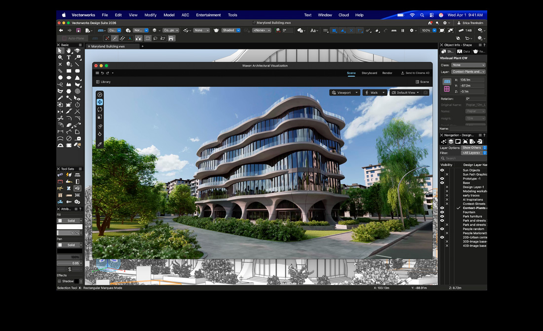 Pantalla de un MacBook Pro que muestra Vectorworks Design Suite con Maxon Redshift