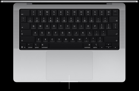 Vue en plongée du MacBook Pro 14 pouces ouvert, montrant le trackpad Force Touch au bas du clavier