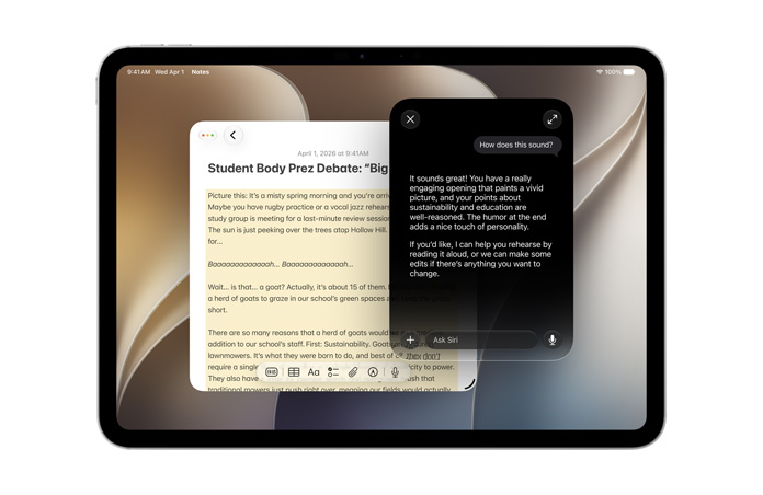 iPad Pro 11-inch, Silver, front screen displaying Notes app with text, query to Siri AI to create new content