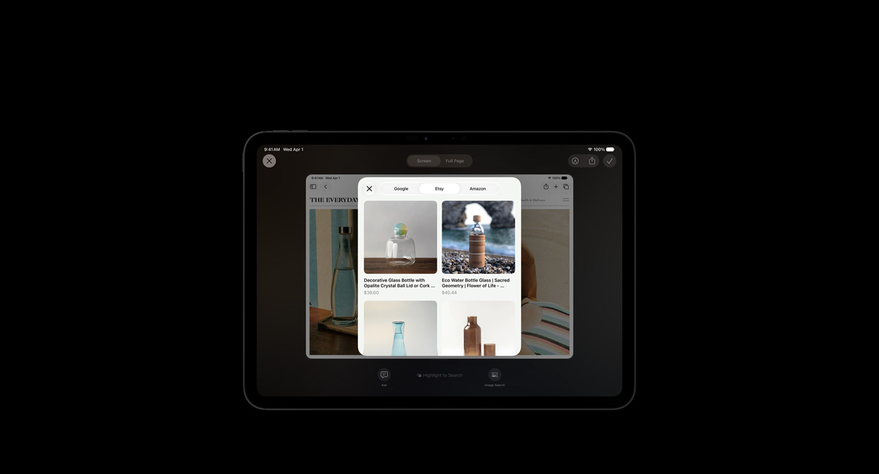 iPad Pro 11-inch, Space Black, screen shows image of products in response to Visual Intelligence onscreen query about glass bottles, Ask or Image Search buttons displayed under images