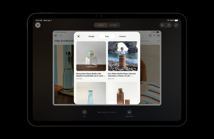 iPad Pro 11-inch, Space Black, screen shows image of products in response to Visual Intelligence onscreen query about glass bottles, Ask or Image Search buttons displayed under images