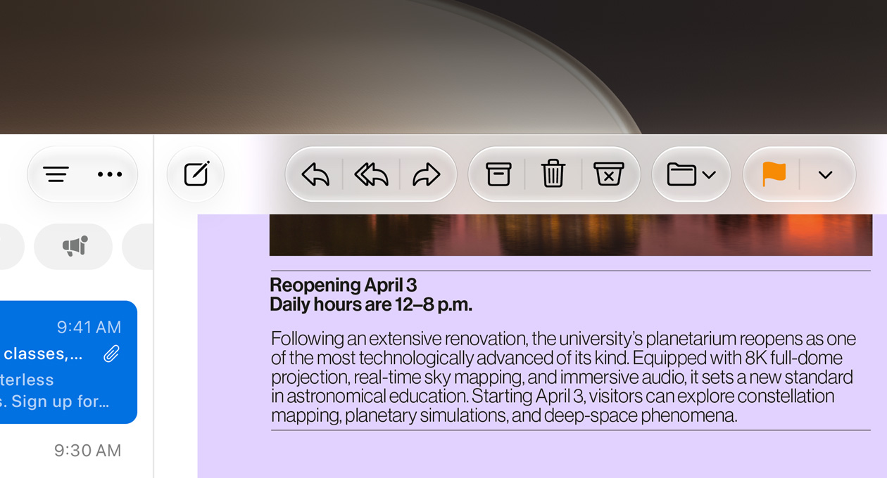 Close-up of Mail app, a university newsletter’s text and the Mail app’s buttons are incredibly clear and appear to have unique texture