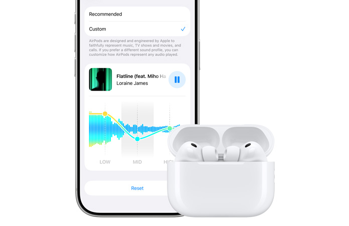 iPhone 17 Pro, Silver, front screen, options for custom sound range for AirPods of low, mid and high