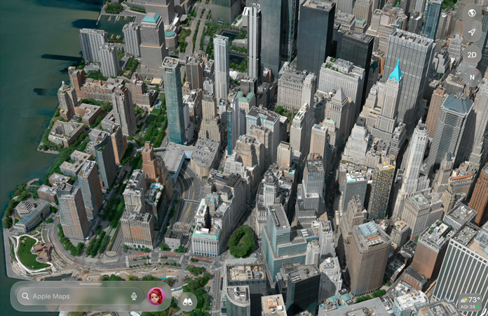 Apple Maps showing a detailed aerial view of a city with buildings, roads and green spaces