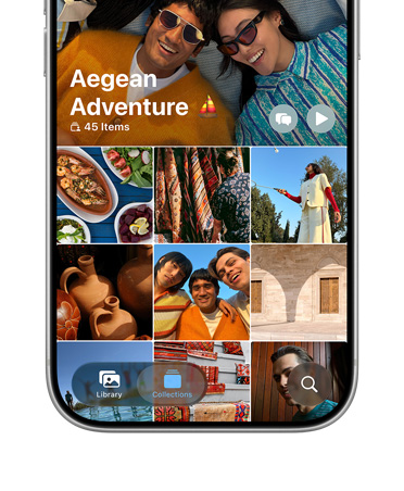 iPhone 17 Pro, Silver, front screen, grid of photos from holiday