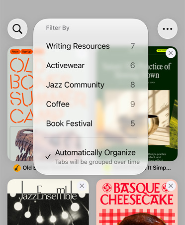 iPhone Safari browser, displaying the Filter menu with categories like Writing Resources, Activewear, Jazz Community, Coffee and Book Festival, with Automatically Organise option selected