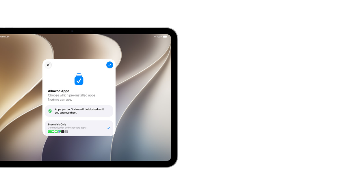 iPad Pro 11-inch, Silver, screen shows Setup Assistant app with selection of apps that a parent can choose for their child