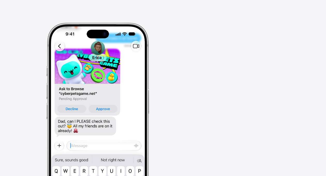 iPhone 17 Pro, color plata, dos tercios superiores de la pantalla visibles, la pantalla muestra un mensaje de texto con una captura de pantalla de cyberpetsgame.net, botones Rechazar y Aprobar debajo del gráfico, texto del mensaje: Papá, ¿puedo ver esto? Todos mis amigos lo usan