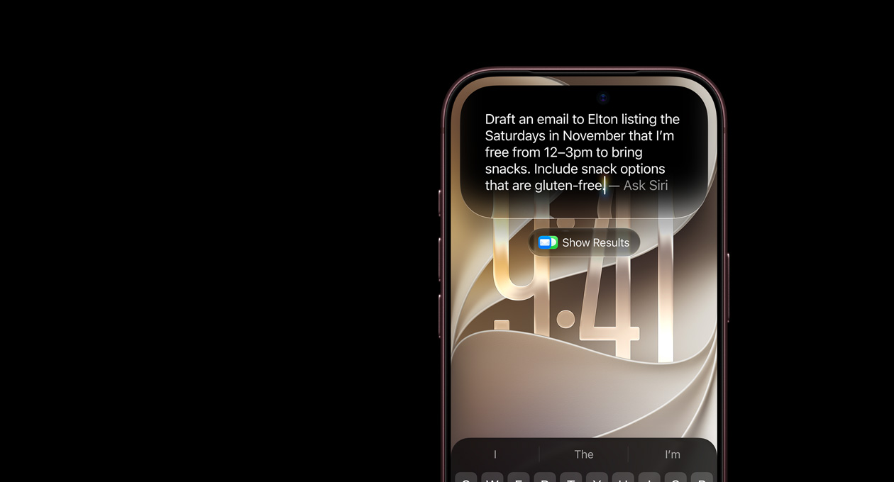iPhone 17 Pro, azul profundo, parte frontal, mostrando una consulta a Siri AI sobre una planta de interior mencionada en una conversación de Mensajes.
