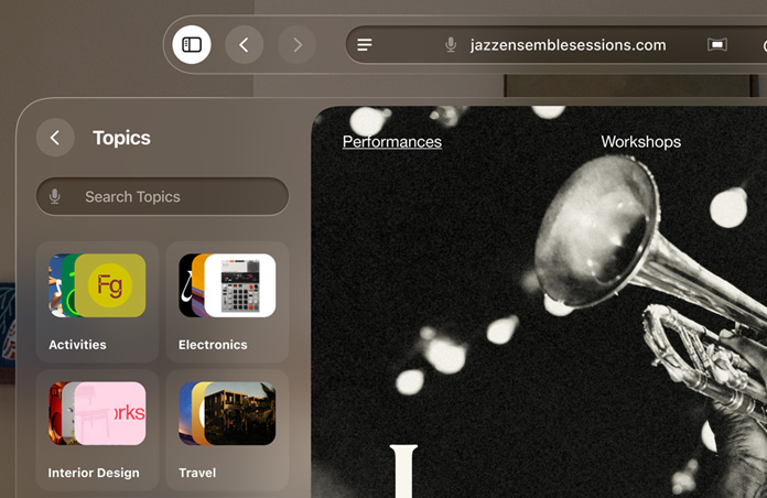 Apple Vision Pro 顯示已打開 Safari，可看見按主題分類的閱讀列表。