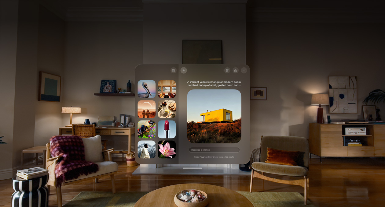 Apple Vision Pro 的畫面顯示正在使用影像樂園修改一張山丘上黃色小木屋的影像，影像下方的提示文字寫著描述更動