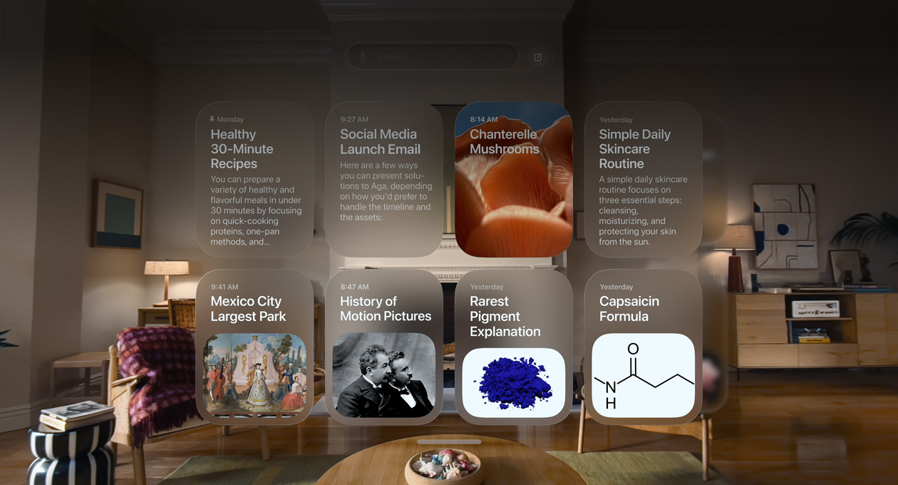 Siriとの会話が見えるApple Vision Proのビュー。質問と、画像とテキストを含む詳しい回答が表示されている
