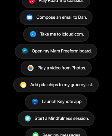 複数のアプリのアクションに関するSiri AIへのリクエストが表示されている画面