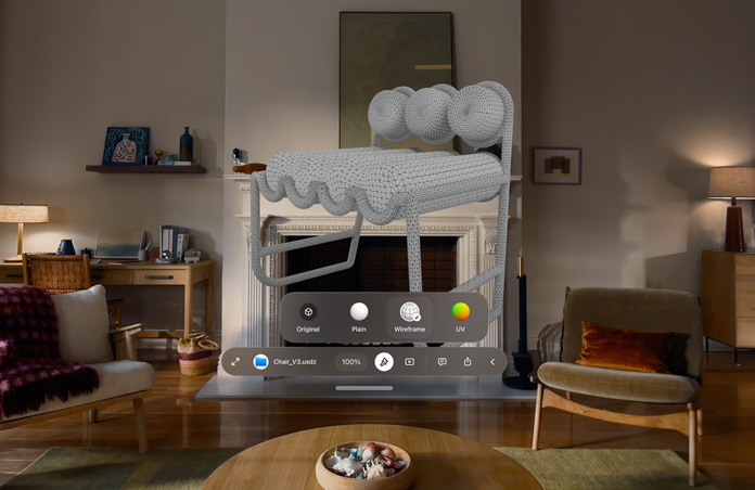 Apple Vision Pro 的畫面顯示快速查看功能的通知視窗，其中提及一張椅子的 USDZ 檔案，視窗後方可看到椅子的線框圖