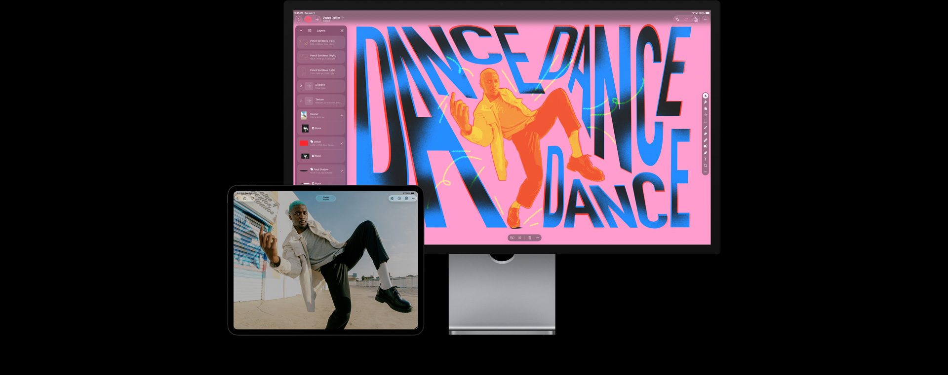 iPad Pro screen showing a man with blue hair, white jacket, grey shirt, black trousers and shoes, dancing outside, Mac Studio Display screen showing workspace with colourful stylised typography, edited image of man dancing overlayed in blue, yellow and red colours