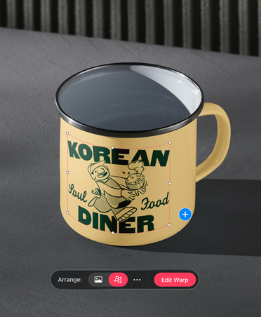 Photo of yellow metal camping mug with Korean Diner logo in green with warp tool open at the bottom of image
