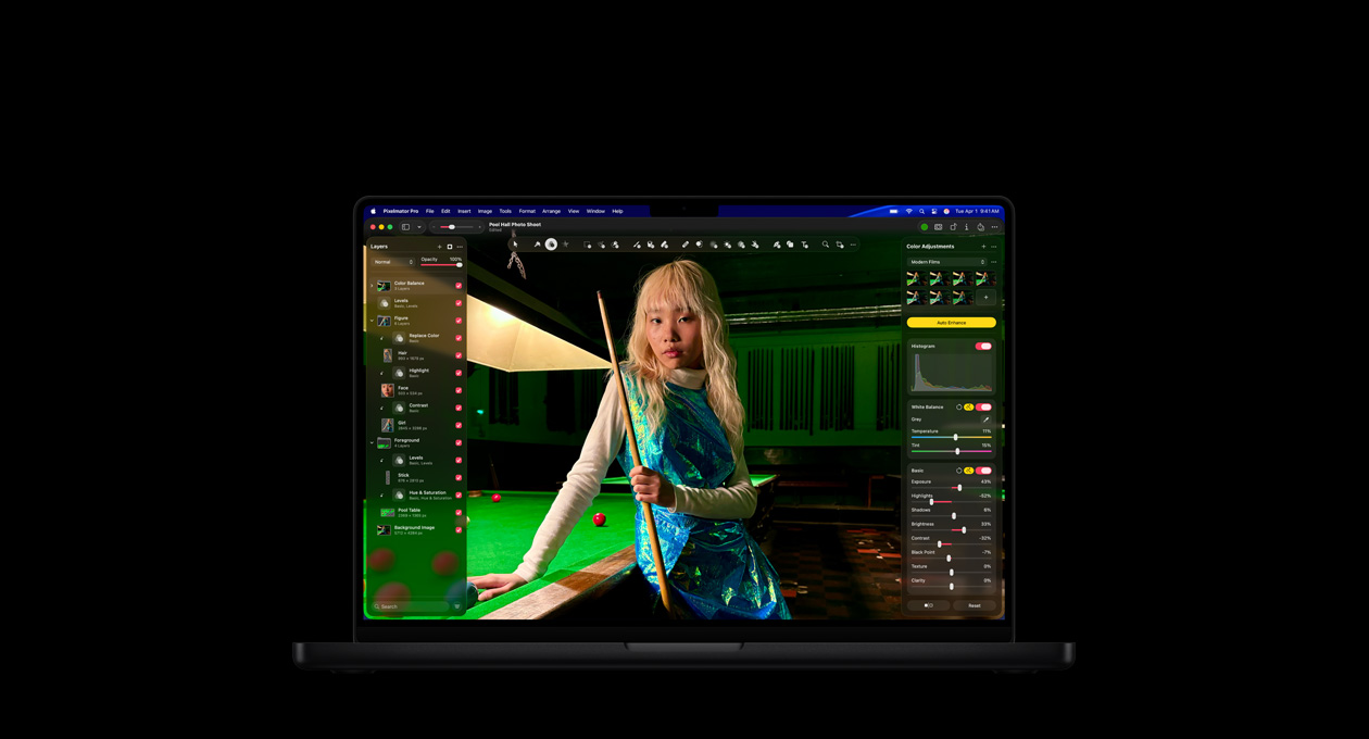 MacBook Pro 16 screen, photo of woman in pool hall, colour adjustment tools
