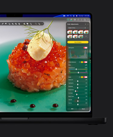 MacBook Pro 16 screen, close-up photo of salmon roe on plate, colour adjustments tool