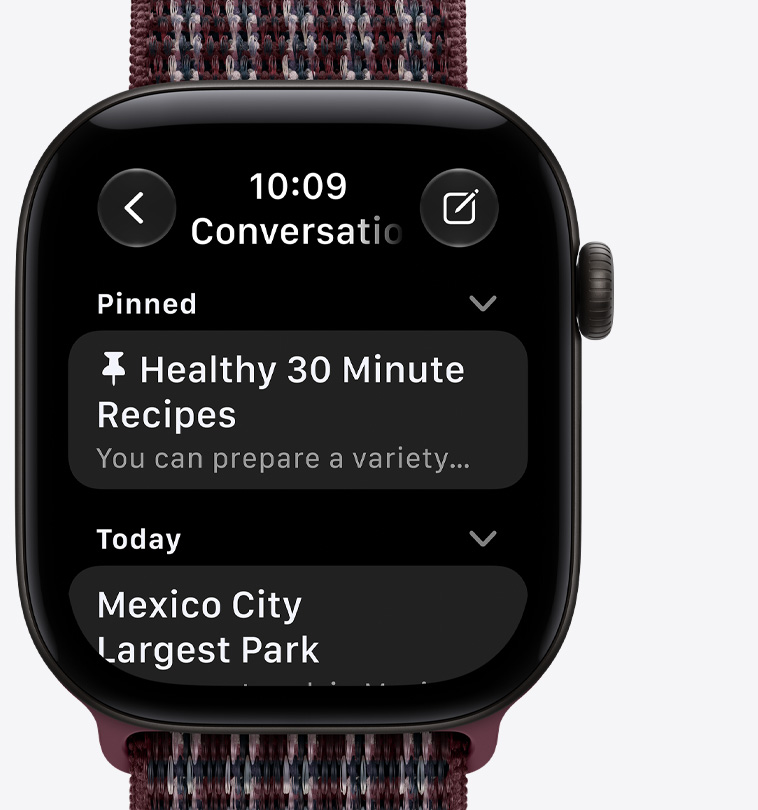 Apple Watch Series 12, aluminium case, black colour, pinned conversations screen, Sport Loop strap, burgundy plaid colour