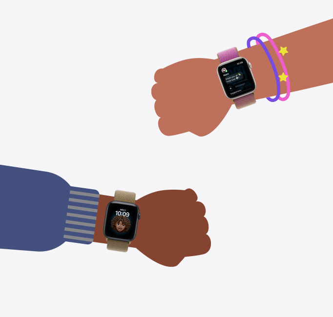 Apple Watch 親子設定，展示小朋友腕上戴着 Apple Watch SE 3 的卡通插圖