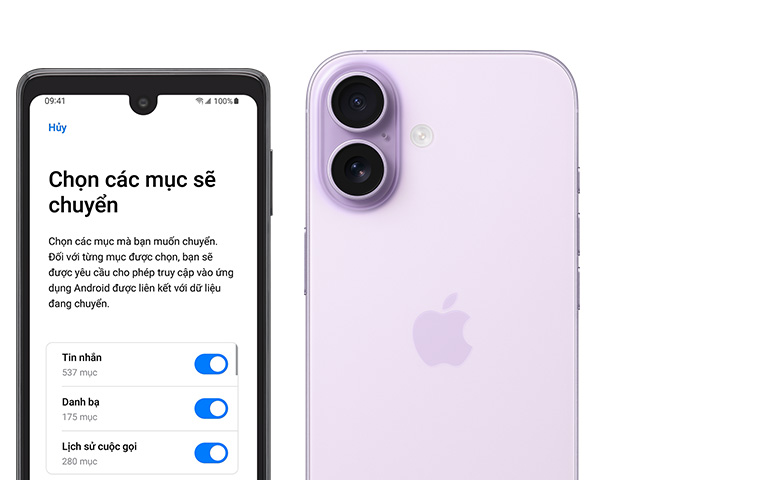 Side-by-side, Android screen showing Move to iOS App, iPhone 17, back exterior, Advanced dual-camera system in top left corner