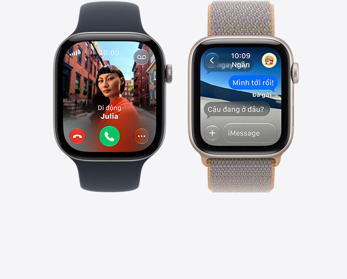 Các thiết bị Apple Watch Series 12, màn hình: cuộc gọi đến, ảnh liên hệ, nút chấp nhận và từ chối cuộc gọi, cuộc trò chuyện iMessage, dây đeo: Dây Đeo Thể Thao, màu đen, Dây Quấn Thể Thao, màu xanh chambray (xám xanh nhạt)